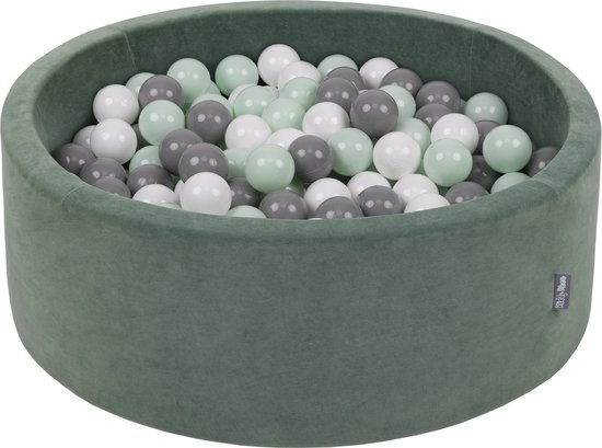 KiddyMoon Velvet Ballenbak voor kinderen 90x30cm Rond - Met 200 Ballen ∅ 7cm - Speelgoed - BPA-vrije ballenbakken - Ballenbad baby foam - Kunststof ballen - Bosgroen: Wit Grijs Munt van KiddyMoon