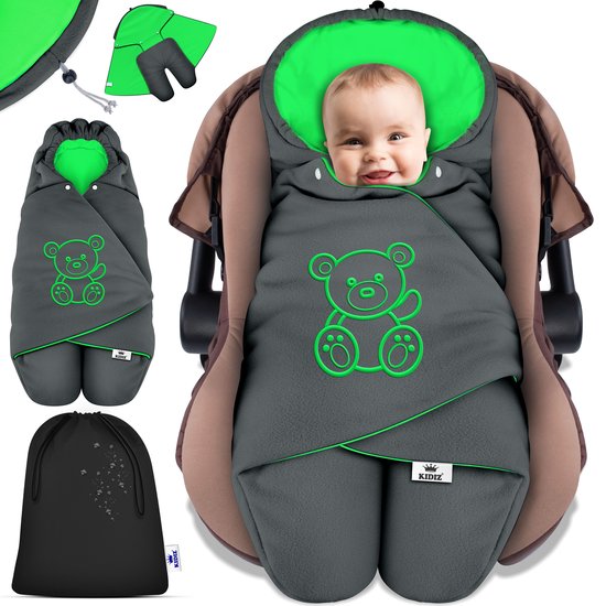 KIDIZ® Baby Slaapzak voor Buggy Voetenzak voor Autostoeltje & Wandelwagen Babyschaal, voor Winter met Kap + Babyslaapzak Deken voor Maxi-Cosi & Kinderwagen alle Gordelsystemen 3 & 5-Puntsgordel - Antraciet / Groen van Merkloos