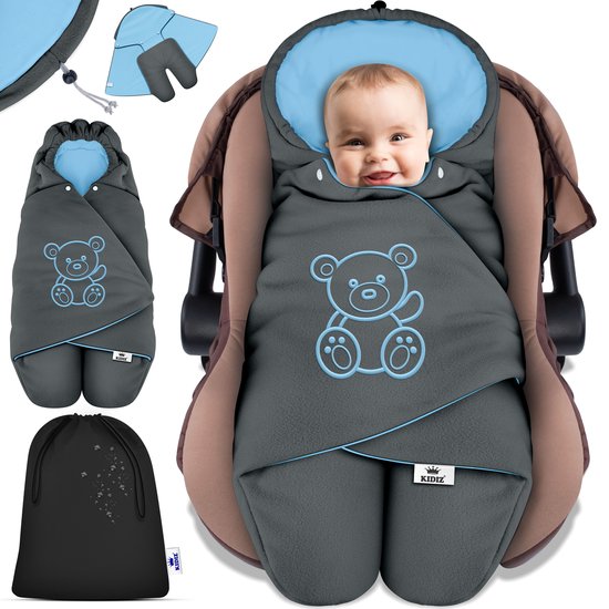 KIDIZ® Baby Slaapzak voor Buggy Voetenzak voor Autostoeltje & Wandelwagen Babyschaal, voor Winter met Kap + Babyslaapzak Deken voor Maxi-Cosi & Kinderwagen alle Gordelsystemen 3 & 5-Puntsgordel - Antraciet / Lichtblauw van Merkloos