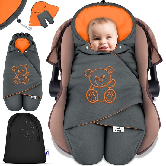 KIDIZ® Baby Slaapzak voor Buggy Voetenzak voor Autostoeltje & Wandelwagen Babyschaal, voor Winter met Kap + Babyslaapzak Deken voor Maxi-Cosi & Kinderwagen alle Gordelsystemen 3 & 5-Puntsgordel - Antraciet / Oranje van Merkloos