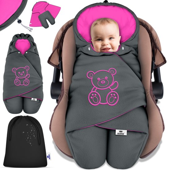 KIDIZ® Baby Slaapzak voor Buggy Voetenzak voor Autostoeltje & Wandelwagen Babyschaal, voor Winter met Kap + Babyslaapzak Deken voor Maxi-Cosi & Kinderwagen alle Gordelsystemen 3 & 5-Puntsgordel - Antraciet / Roze van Merkloos