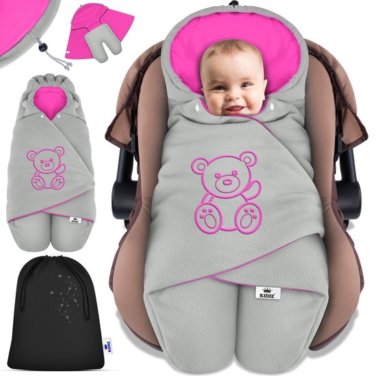 KIDIZ® Baby Slaapzak voor Buggy Voetenzak voor Autostoeltje & Wandelwagen Babyschaal, voor Winter met Kap + Babyslaapzak Deken voor Maxi-Cosi & Kinderwagen alle Gordelsystemen 3 & 5-Puntsgordel - Grijs / Roze van Merkloos