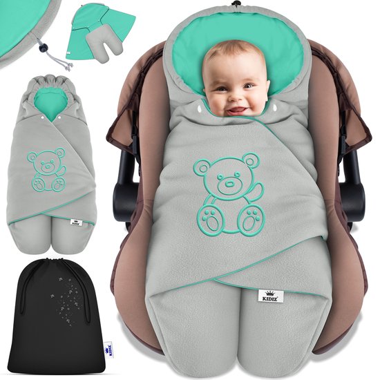 KIDIZ® Baby Slaapzak voor Buggy Voetenzak voor Autostoeltje & Wandelwagen Babyschaal, voor Winter met Kap + Babyslaapzak Deken voor Maxi-Cosi & Kinderwagen alle Gordelsystemen 3 & 5-Puntsgordel - Grijs / Turquoise van Merkloos
