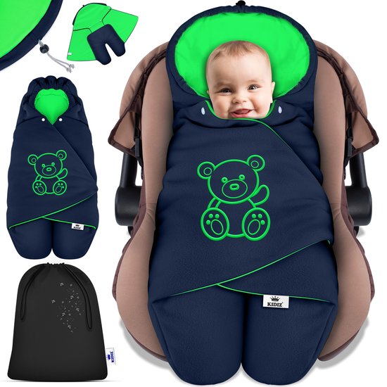 KIDIZ® Baby Slaapzak voor Buggy Voetenzak voor Autostoeltje & Wandelwagen Babyschaal, voor Winter met Kap + Babyslaapzak Deken voor Maxi-Cosi & Kinderwagen alle Gordelsystemen 3 & 5-Puntsgordel - Marineblauw / Groen van Merkloos