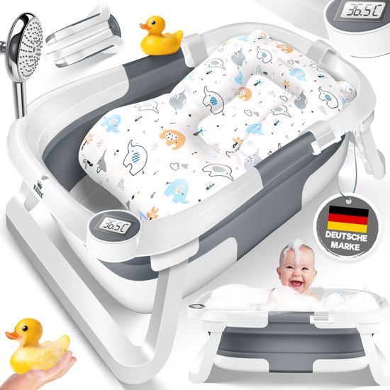 KIDIZ® Babybadje Opvouwbaar met Thermometer | Peuterbadje Ergonomisch, Rutschvrij, Met Zacht Badkussen en Afvoer | Babybad / Baby Bad Set Voor Baby's van 0-12 Maanden | Babybadset - Antraciet van KIDIZ®