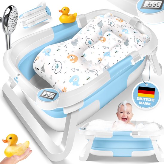 KIDIZ® Babybadje Opvouwbaar met Thermometer | Peuterbadje Ergonomisch, Rutschvrij, Met Zacht Badkussen en Afvoer | Babybad / Baby Bad Set Voor Baby's van 0-12 Maanden | Babybadset - Blauw van KIDIZ®