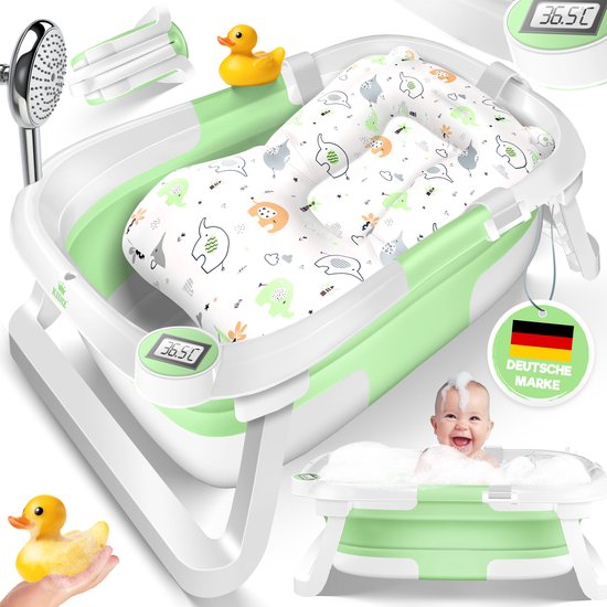 KIDIZ® Babybadje Opvouwbaar met Thermometer | Peuterbadje Ergonomisch, Rutschvrij, Met Zacht Badkussen en Afvoer | Babybad / Baby Bad Set Voor Baby's van 0-12 Maanden | Babybadset - Groen van Merkloos