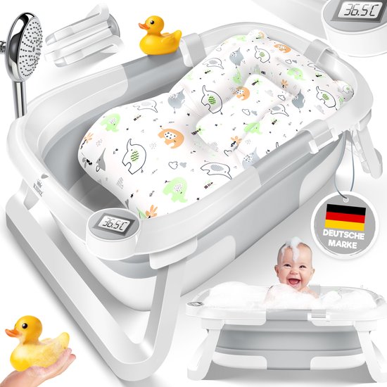 KIDIZ® Babybadje Opvouwbaar met Thermometer | Peuterbadje Ergonomisch, Rutschvrij, Met Zacht Badkussen en Afvoer | Babybad / Baby Bad Set Voor Baby's van 0-12 Maanden | Babybadset - Lichtgrijs van KIDIZ®