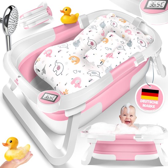 KIDIZ® Babybadje Opvouwbaar met Thermometer | Peuterbadje Ergonomisch, Rutschvrij, Met Zacht Badkussen en Afvoer | Babybad / Baby Bad Set Voor Baby's van 0-12 Maanden | Babybadset - Roze van KIDIZ®