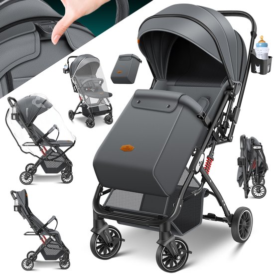 KIDIZ® Buggy 3 in 1 Kinderwagen Inklapbaar met voetenzak Baby Plooibuggy Wandelwagen inclusief Bekerhouder, regenhoes & klamboe Reisbuggy - Antraciet / Zwart van Merkloos