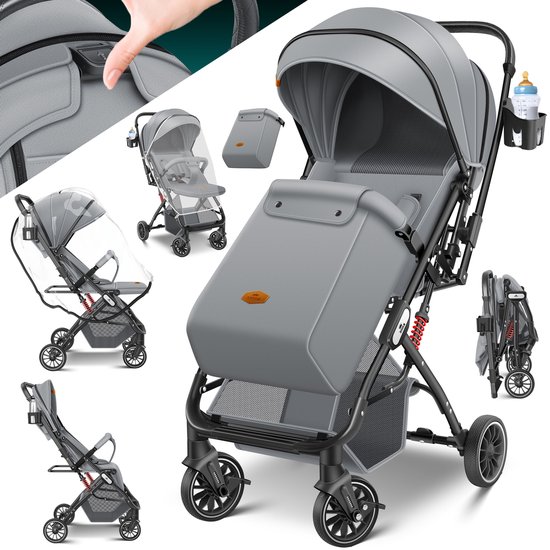 KIDIZ® Buggy 3 in 1 Kinderwagen Inklapbaar met voetenzak Baby Plooibuggy Wandelwagen inclusief Bekerhouder, regenhoes & klamboe Reisbuggy - Grijs / Zwart van Merkloos