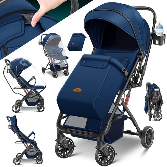 KIDIZ® Buggy 3 in 1 Kinderwagen Inklapbaar met voetenzak Baby Plooibuggy Wandelwagen inclusief Bekerhouder, regenhoes & klamboe Reisbuggy - Marineblauw / Zwart van Merkloos