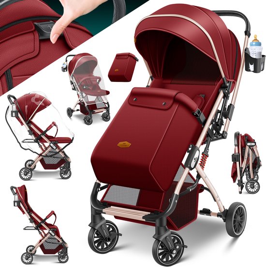 KIDIZ® Buggy 3 in 1 Kinderwagen Inklapbaar met voetenzak Baby Plooibuggy Wandelwagen inclusief Bekerhouder, regenhoes & klamboe Reisbuggy - Rood / Champagne van Merkloos