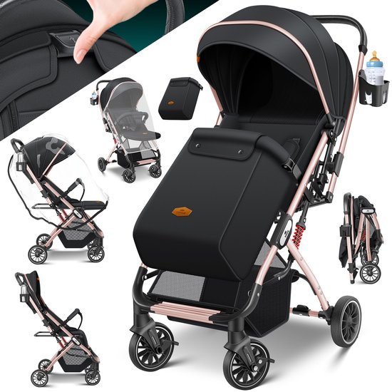 KIDIZ® Buggy 3 in 1 Kinderwagen Inklapbaar met voetenzak Baby Plooibuggy Wandelwagen inclusief Bekerhouder, regenhoes & klamboe Reisbuggy - Zwart / Champagne van Merkloos