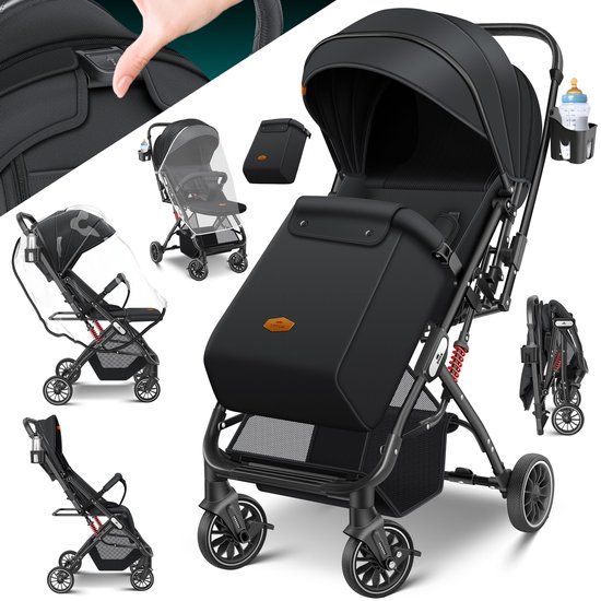 KIDIZ® Buggy 3 in 1 Kinderwagen Inklapbaar met voetenzak Baby Plooibuggy Wandelwagen inclusief Bekerhouder, regenhoes & klamboe Reisbuggy - Zwart van Merkloos