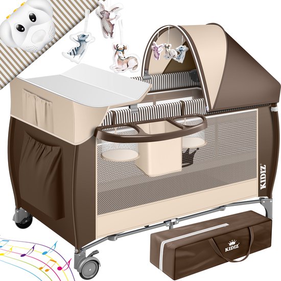 KIDIZ® Campingbedje Reisbedje Reiswieg Babybedje 3 in 1 Combi Set Ledikant met Verschoningsmatje Klamboe Kinderbox Baby vanaf de geboorte tot 15 kg Luchtige zijwanden met zijingang Opvouwbare Draagtas - Bruin van Merkloos
