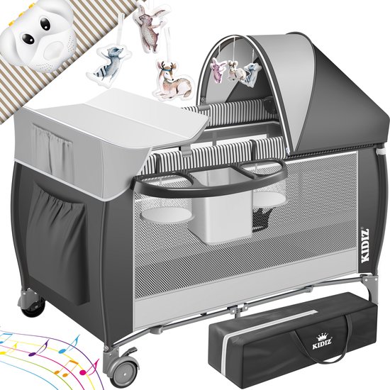 KIDIZ® Campingbedje Reisbedje Reiswieg Babybedje 3 in 1 Combi Set Ledikant met Verschoningsmatje Klamboe Kinderbox Baby vanaf de geboorte tot 15 kg Luchtige zijwanden met zijingang Opvouwbare Draagtas - Grijs