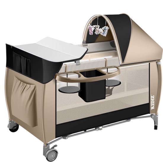 KIDIZ® Campingbedje Reisbedje Reiswieg Babybedje 3 in 1 Combi Set Ledikant met Verschoningsmatje Klamboe Kinderbox Baby vanaf de geboorte tot 15 kg Luchtige zijwanden met zijingang Opvouwbare Draagtas - Zwart / Beige