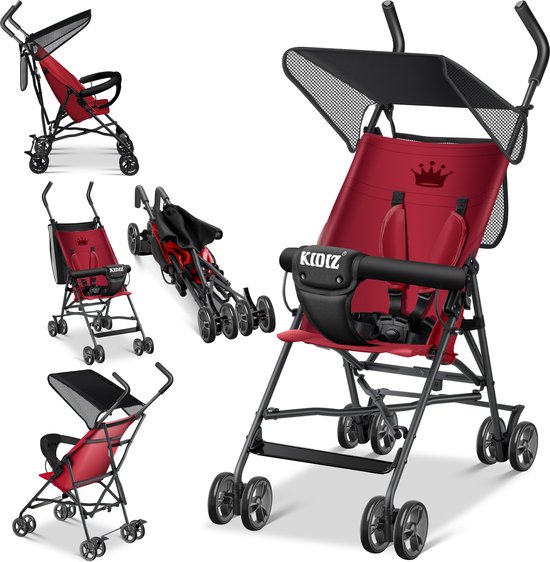 KIDIZ® Kinderwagen CITY Buggy Kinderwagen Opvouwbaar 360° 4-inch wielen Incl. zon- en regenhoes Opvouwbaar 5-punts veiligheidstuigje vanaf 6 maanden - Bordeaux