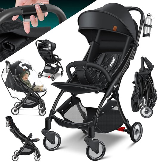 KIDIZ® Kinderwagen Premium kinderbuggy opvouwbare ligbuggy sportwagen opvouwbaar 360° wielen 5-punts gordel incl. bekerhouder en regenhoes, verstelbare rugleuning en zonnekap ravenzwart van Merkloos