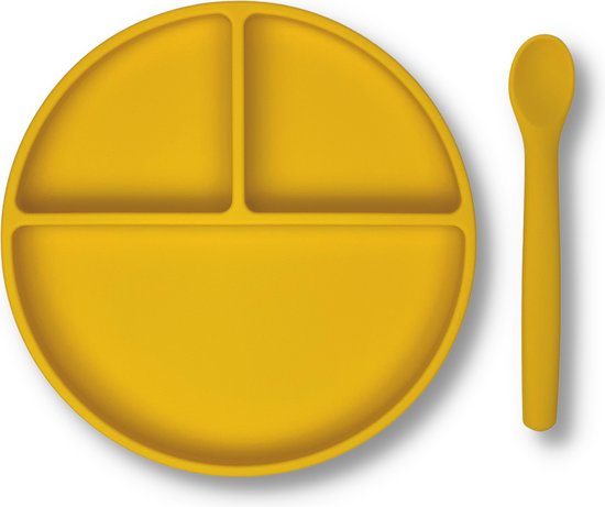 Kids Cultures - Baby Bord met Zuignap incl. Lepel - Kinderbord, Babybord, Kinderservies, Baby Servies, Babybestek - 100% Siliconen BPA-vrij - Oven, Vriezer en Vaatwasserbestendig - Geel van Kids Cultures
