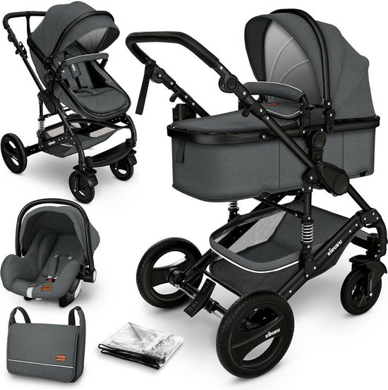 KIDUKU- 3 in 1 combi-kinderwagen- antraciet/zwart buggy incl. autostoeltje-regenhoes- inklapbaar van KIDUKU