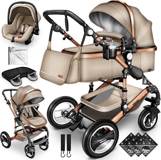 KIDUKU- 3 in 1 combi-kinderwagen- beige/goud- NIEUW MODEL- buggy incl. autostoeltje-regenhoes- inklapbaar van Merkloos