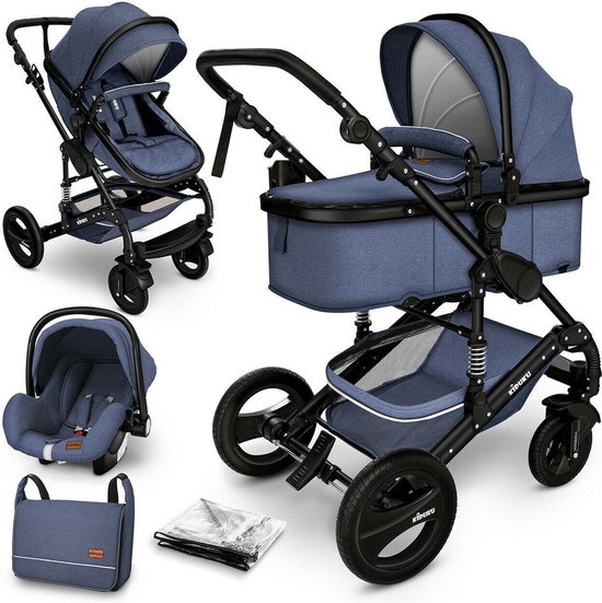KIDUKU- 3 in 1 combi-kinderwagen- blauw/zwart- buggy incl. autostoeltje-regenhoes- inklapbaar van KIDUKU