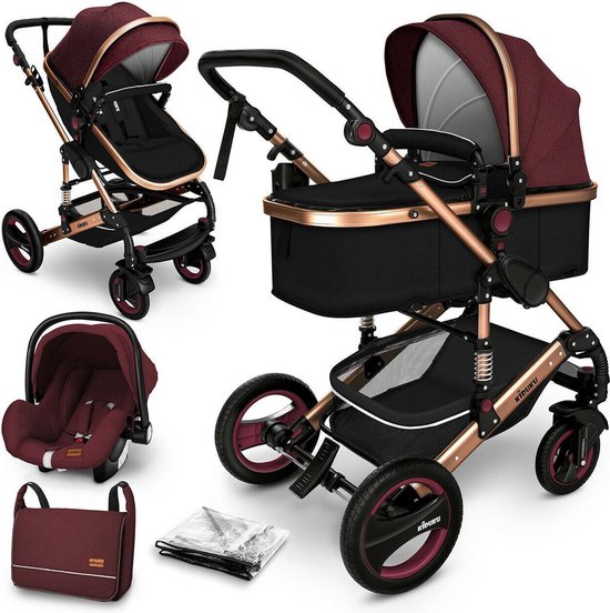 KIDUKU- 3 in 1 combi-kinderwagen- bordeaux- zwart-goud- buggy incl. autostoeltje-regenhoes- inklapbaar van KIDUKU
