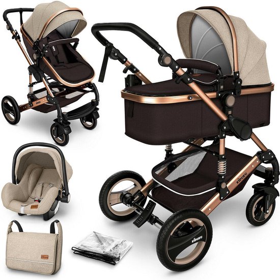 KIDUKU- 3 in 1 combi-kinderwagen- bruin/goud- buggy incl. autostoeltje-regenhoes- inklapbaar van KIDUKU