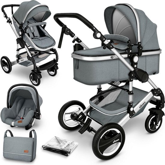 KIDUKU- 3 in 1 combi-kinderwagen- grijs/zilver- buggy incl. autostoeltje-regenhoes- inklapbaar van KIDUKU