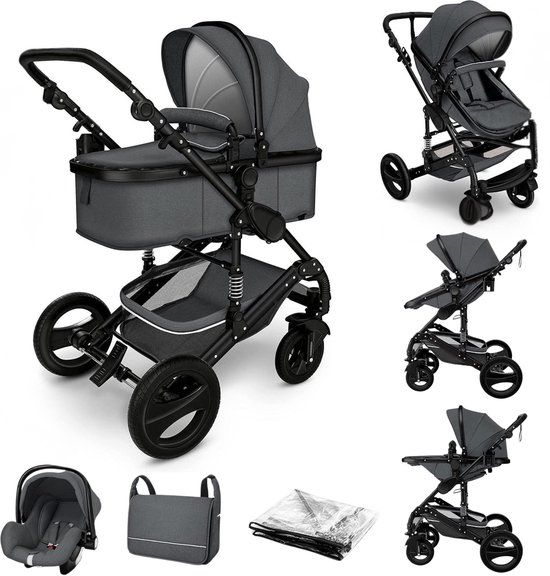 KIDUKU 3-in-1 Combi Kinderwagen - Multifunctionele Buggy met Reiswieg & Autostoeltje - Inklapbaar - Grijs - Incl. Accessoires van Merkloos