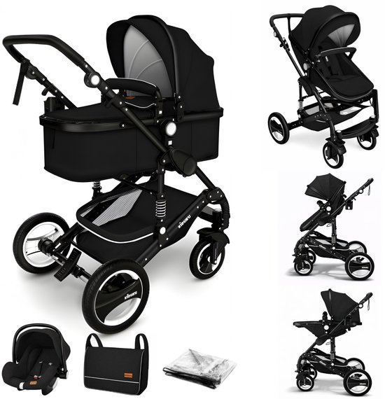 KIDUKU 3-in-1 Combi Kinderwagen – Multifunctionele Buggy met Reiswieg & Autostoeltje – Inklapbaar – Zwart – Incl. Accessoires van Merkloos