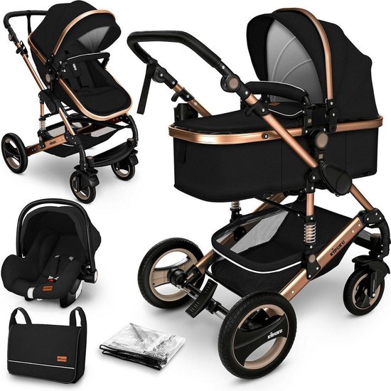 KIDUKU- 3 in 1 combi-kinderwagen- zwart/goud- buggy incl. autostoeltje-regenhoes- inklapbaar van KIDUKU