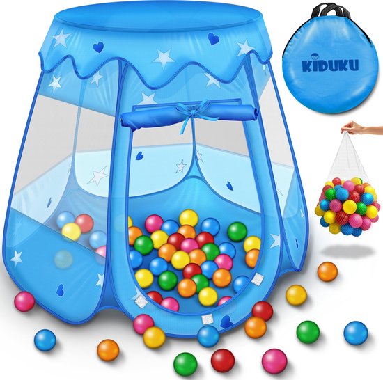 KIDUKU® kinderspeeltent + 100 ballen + opbergtas speelhuis ballenbak kasteel voor binnen en buiten (blauw)
