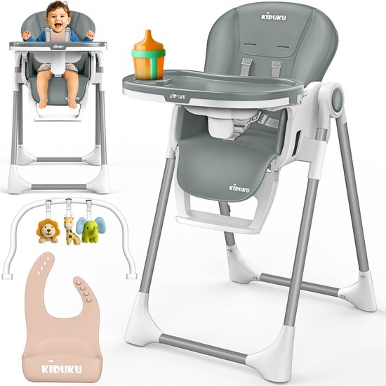 KIDUKU® Kinderstoel Baby 3-in-1 met Opzetstuk voor Pasgeborenen + Slabbetje | Opvouwbare Eetstoel met Speelboog | Verstelbare Evolutieve Kinderstoel met 7 Hoogteposities | 0-36 Maanden (Lichtgrijs) van Merkloos