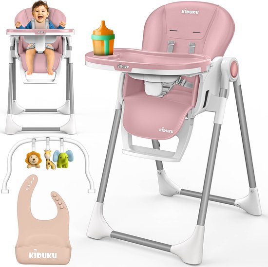 KIDUKU® Kinderstoel Baby 3-in-1 met Opzetstuk voor Pasgeborenen + Slabbetje | Opvouwbare Eetstoel met Speelboog | Verstelbare Evolutieve Kinderstoel met 7 Hoogteposities | 0-36 Maanden (Roze) van Merkloos
