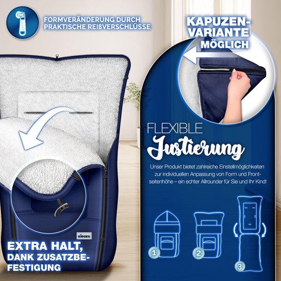KIDUKU Wintervoetenzak voor kinderwagen buggy - Babyvoetenzak wasbaar | Voetenzak babyschaal met ritssluiting & tas, blauw, 1 Unità (Confezione da 1), blauw van Merkloos