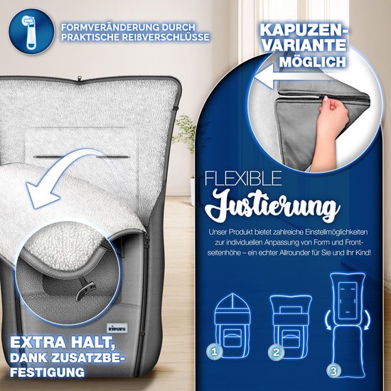 KIDUKU Wintervoetenzak voor kinderwagen buggy - Babyvoetenzak wasbaar | Voetenzak babyschaal met ritssluiting & tas, Jeans grijs., 1 Stück (1er Pack) van Merkloos