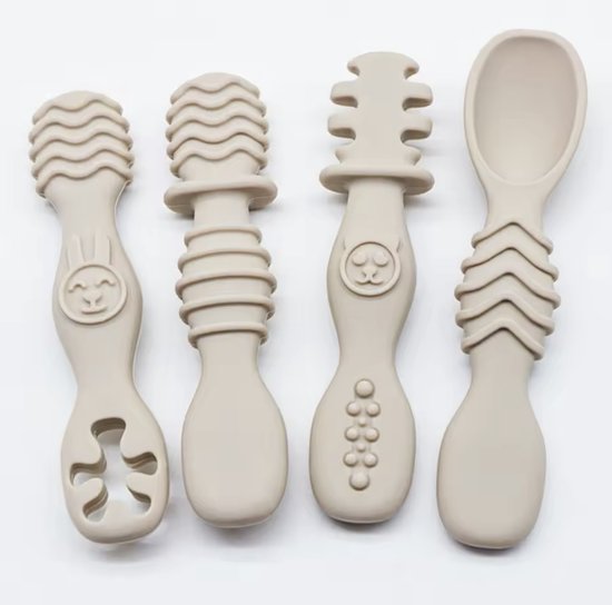 KimDo - Baby Bestek Siliconen - 4 stuks - Beige - Lepeltjes - Sensorisch - BPA vrij van Merkloos