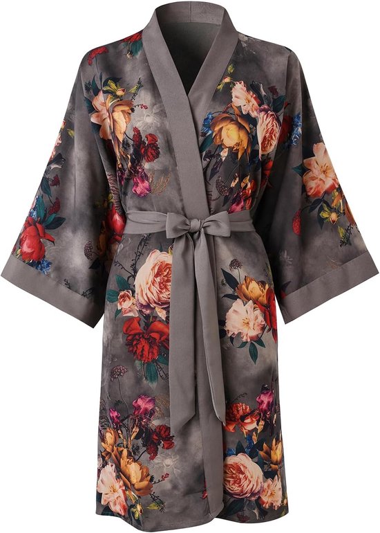 Kimono voor dames, korte badjas voor dames, met zakken, bloemenbadjas, nachthemd