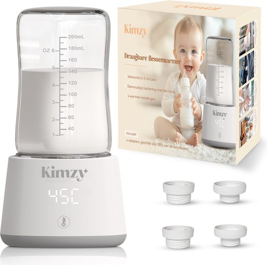Kimzy Flessenwarmer wit inclusief 4 adapters - flessenwarmer voor onderweg - 4 temperatuurniveaus - geschikt voor onder andere Philips Avent, Dr Browns, Tommee Tippee & Difrax van Kimzy