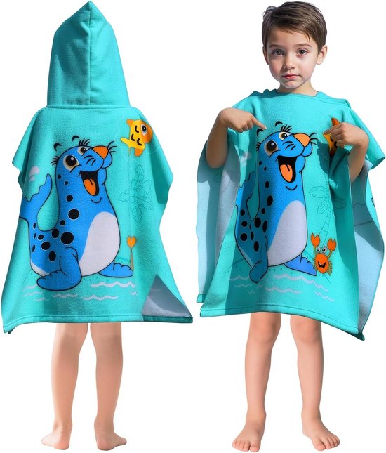 Kinder Bad Poncho - Microvezel Handdoek - Strand en Zwembad - Met Capuchon - 60x60cm - Blauw Dierenpatroon