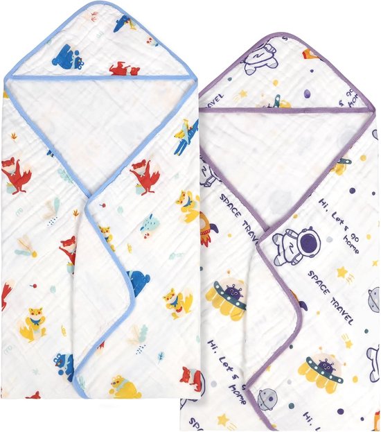 Kinder badponcho - Baby handdoek - Na het baden - 100% mousseline katoen - 90 x 90 cm - Ruimtevaarder vos