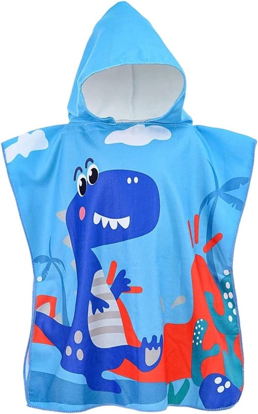 Kinder Badponcho - Dino Design - Na het zwemmen - Zachte microvezel - 60 x 120 cm - Blauw
