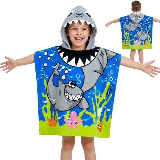 Kinder Badponcho Haai met Capuchon – Strandponcho Kind – Handdoek Poncho Kinderen – Zwemponcho Jongen Meisje – Badcape Kinderponcho Zwembad Strand – 3 tot 9 Jaar