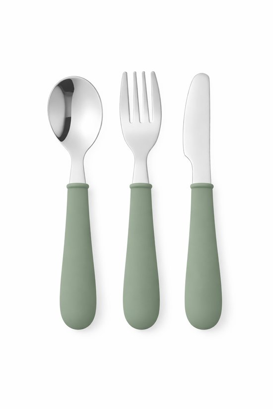 Kinder bestekset 3-delig – Lepel, vork en mes – Sage Groen - Siliconen handvat & RVS – Baby en peuter bestek – Zelfstandig leren eten – 1-4 jaar