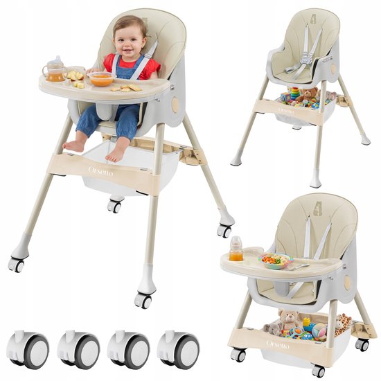 Kinder eetstoel 4-in-1 met riemen en dienblad - Beige