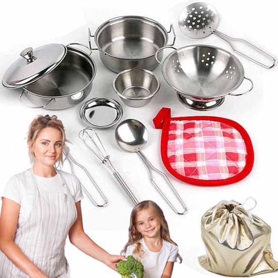 Kinder Keuken Kookgerei Set - Roestvrijstalen Speelgoed Keuken Pannen en Potten - Veilig Kook Speelset voor Kinderen - Imaginatief Rollenspel Speelgoed voor Jongens & Meisjes - 11 Stuks