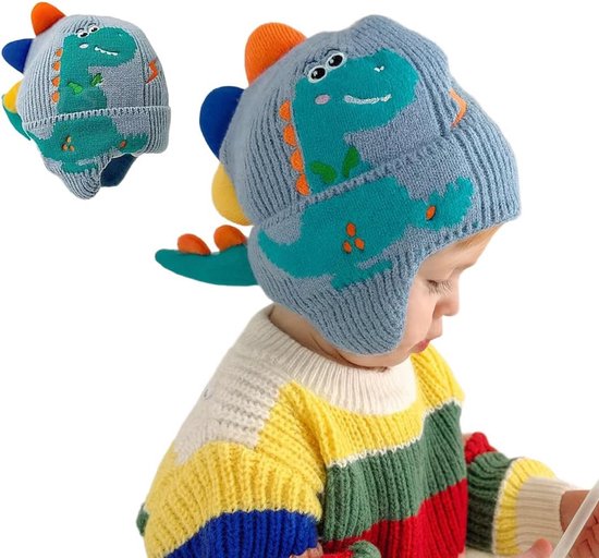 Kinder Muts - Dinosaurus Muts - Warm Blijven - Gebreid Ontwerp - 0-1 Jaar - Blauw van Kinder